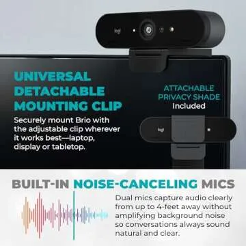 Logitech Brio 4K HD Webcam with Microphone for Desktop with Tripod & Universal Mount - USB Computer Camera - Ultra Pro Wide Angle Webcam Streaming for Meetings & Gaming