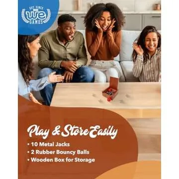 WE Games Metal Jacks Set – Classic Jacks Game with 2 Red Balls in Keepsake Wooden Box – Nostalgic Floor Game for The Whole Family