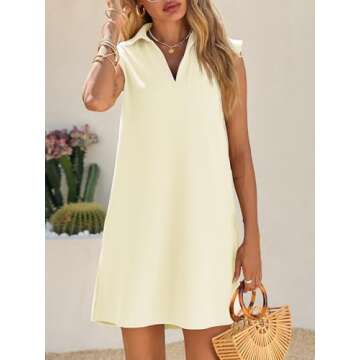 Cicy Bell Womens Summer Mini Dress Cap Sleeve Collared V Neck Casual Ribbed A Line Tunic Shirt Dresses White