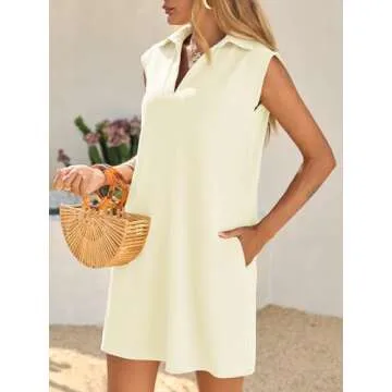 Cicy Bell Womens Summer Mini Dress Cap Sleeve Collared V Neck Casual Ribbed A Line Tunic Shirt Dresses White