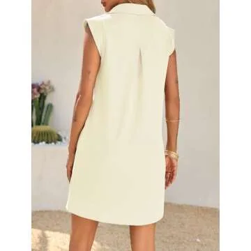 Cicy Bell Womens Summer Mini Dress Cap Sleeve Collared V Neck Casual Ribbed A Line Tunic Shirt Dresses White