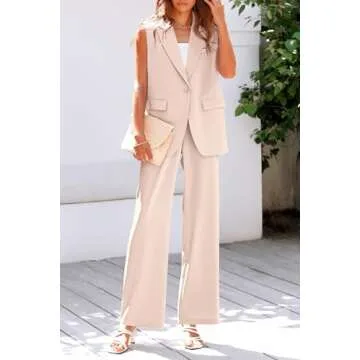 PRETTYGARDEN Womens 2 Piece Blazer Suits V Neck Sleeveless Vest Wide Leg Pants Sets Summer Matching Outfits (Beige,Small)