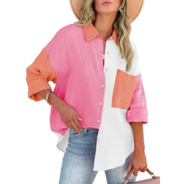 ARTFREE Button Up Shirt Women Loose Fit Color Block Business Casual Tops Long Sleeve Cute Collared S...
