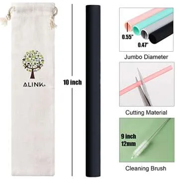 ALINK Reusable Black Silicone Boba Straws, 4-Pack Extra Wide Smoothie Straws for Bubble Tea/Shakes/T...