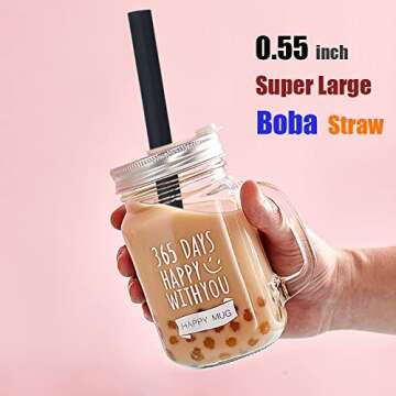 ALINK Reusable Black Silicone Boba Straws, 4-Pack Extra Wide Smoothie Straws for Bubble Tea/Shakes/Tapioca Pearls with Cleaning Brush and Carrying Case
