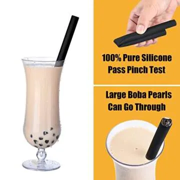 ALINK Reusable Black Silicone Boba Straws, 4-Pack Extra Wide Smoothie Straws for Bubble Tea/Shakes/Tapioca Pearls with Cleaning Brush and Carrying Case