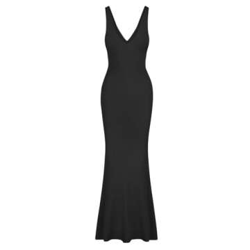 REORIA Women's Summer Casual Lounge Long Dress Elegant Sexy Deep V Neck Sleeveless V Backless Wedding Guest Ribbed Bodycon Maxi Dresses Black X-Small