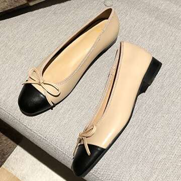 SHODENSE Women Cap Toe Bow Flats Two Tone Slip On Ballet Flats Comfort Closed Round Toe Flats Colorblock 1 Inch Low Flat Heel Dress Shoes Cute Ladies Casual Driver Flats Matte Beige 8.5 M US