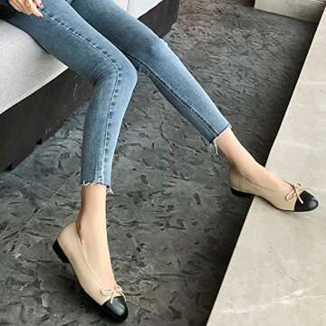 SHODENSE Women Cap Toe Bow Flats Two Tone Slip On Ballet Flats Comfort Closed Round Toe Flats Colorblock 1 Inch Low Flat Heel Dress Shoes Cute Ladies Casual Driver Flats Matte Beige 8.5 M US
