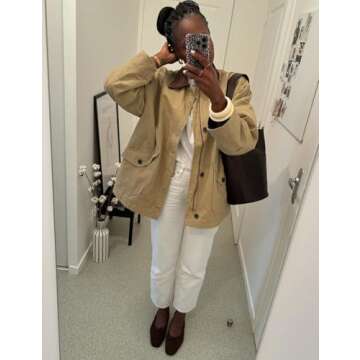 Yimoon Lightweight Jacket for Women Oversized Corduroy Lapel Collar Button Down Casual Jackets Outwear(Beige-Medium)