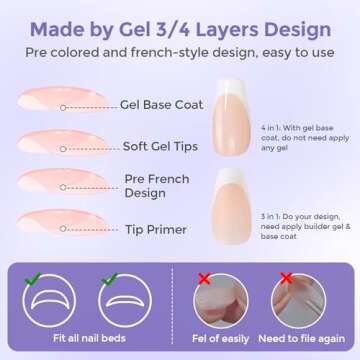 Molizummy French Gel Nail Tips, 300PCS French Press on Nails, 3 in 1 Short Coffin Tips X-coat Tips Pre-applied Tip Primer & Base Coat, No Need to File Fake Nails for Nail Art DIY