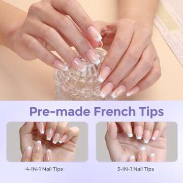 Molizummy French Gel Nail Tips, 300PCS French Press on Nails, 3 in 1 Short Coffin Tips X-coat Tips Pre-applied Tip Primer & Base Coat, No Need to File Fake Nails for Nail Art DIY