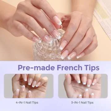 Molizummy French Gel Nail Tips, 300PCS French Press on Nails, 3 in 1 Short Coffin Tips X-coat Tips Pre-applied Tip Primer & Base Coat, No Need to File Fake Nails for Nail Art DIY