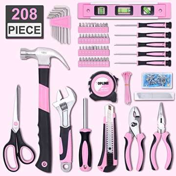 TOPLINE 208-Piece Pink Tool Kits for Women with Round Pouch, Small Tools Kit for Apartment, Home, Ho...