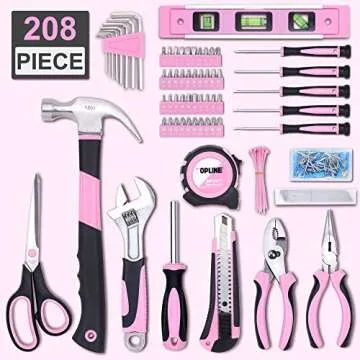 TOPLINE 208-Piece Pink Tool Kits for Women with Round Pouch, Small Tools Kit for Apartment, Home, Ho...
