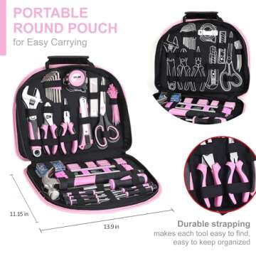 TOPLINE 208-Piece Pink Tool Kits for Women with Round Pouch, Small Tools Kit for Apartment, Home, Household Ladies Pink Tool Set for Best Gifts and Home Maintenance