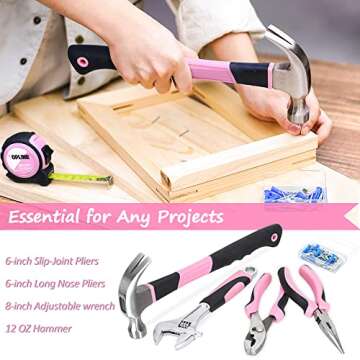 TOPLINE 208-Piece Pink Tool Kits for Women with Round Pouch, Small Tools Kit for Apartment, Home, Household Ladies Pink Tool Set for Best Gifts and Home Maintenance