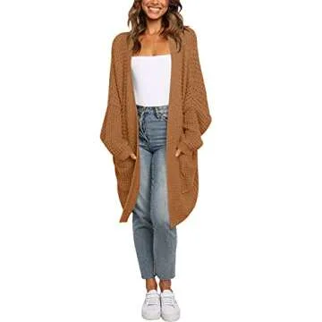 ANRABESS Women's Long Batwing Sleeve Open Front Chunky Knit Cardigan Sweater with Pockets A260zhuanhong-M Rust