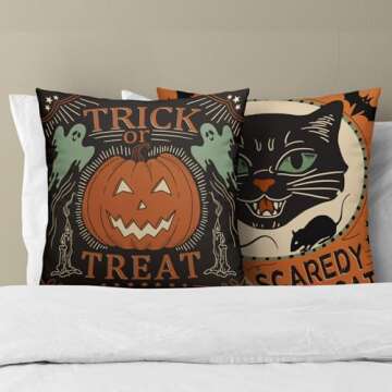Kawani Halloween Pillow Covers 20x20 Set of 2 Vintage Decorative Pillows Scaredy Cats Pumpkins Trick...