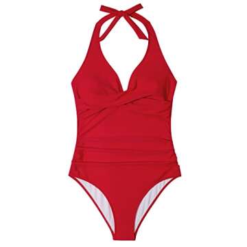 SUUKSESS Women Sexy Tummy Control One Piece Swimsuits Halter Push Up Monokini Bathing Suits (Red, M)