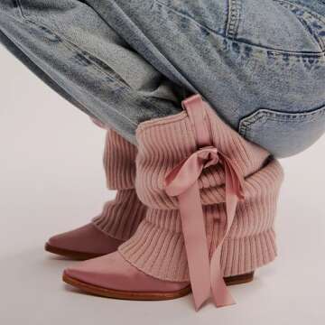 Arqa Women's Bows Western Boots Knitted Fold Over Ballet Style Ankle Boots for Women Pointed Block Heel Embroidery Cowgirl Booties