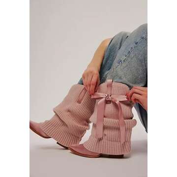 Arqa Women's Bows Western Boots Knitted Fold Over Ballet Style Ankle Boots for Women Pointed Block Heel Embroidery Cowgirl Booties