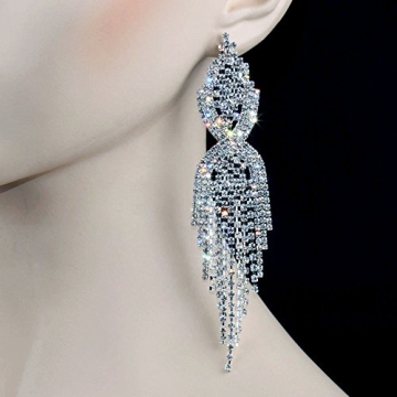 CHRAN Long Silver Rhinestone Tassels Earrings for Women