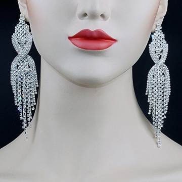 CHRAN Long Silver Rhinestone Tassels Earrings for Women
