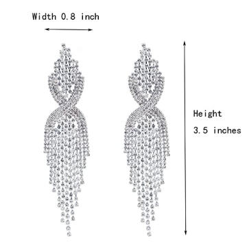 CHRAN Long Silver Rhinestone Tassels Earrings for Women