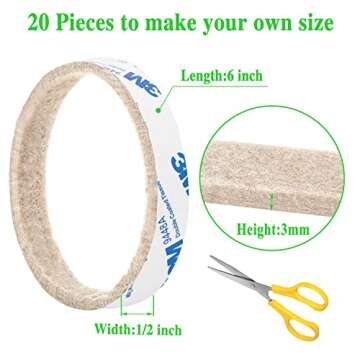 Furniture Felt Pads Strips 20pcs Pack 1/2 x 6 Inches Self Adhesive Beige Furniture Pads Anti Scratch Felt Pads Heavy Duty 3mm Floor Protector for Chair Feet for Hardwood Floor