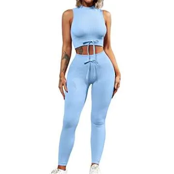 QINSEN Women's Workout Leggings 2 Piece Outfit Ribbed Seamless High Waisted Exercise Yoga Bra Sets Blue M