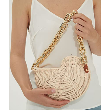 Hxinson Woven Straw Bags Popular Conch Bags Shell Shaped Rattan Bags Personalized Acrylic Chain Shoulder Bags (beige)