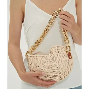 Hxinson Woven Straw Bags Popular Conch Bags Shell Shaped Rattan Bags Personalized Acrylic Chain Shoulder Bags (beige)