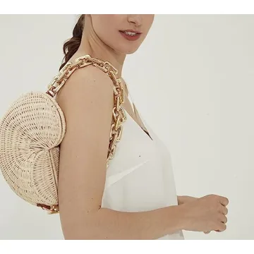 Hxinson Woven Straw Bags Popular Conch Bags Shell Shaped Rattan Bags Personalized Acrylic Chain Shoulder Bags (beige)