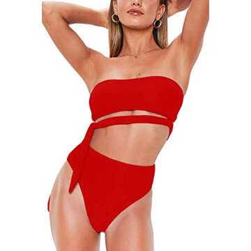 Feager Womens Two Piece Solid Strapless High Cut Bandeau Bikini Set Swimsuit Red