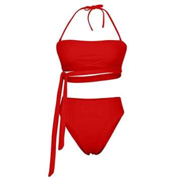 Feager Womens Two Piece Solid Strapless High Cut Bandeau Bikini Set Swimsuit Red
