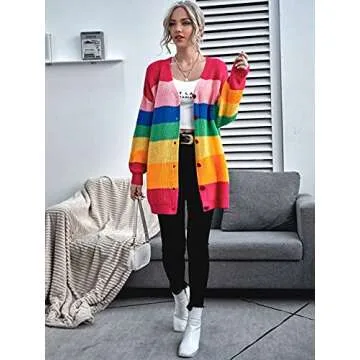 Floerns Women's Rainbow Striped Cardigan Sweater Multi