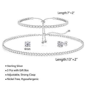 Tennis Necklace Set for Women Crystal Bracelet Diamond Earrings Wedding Jewelry for Bride Sterling S...