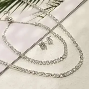 Tennis Necklace Set for Women Crystal Bracelet Diamond Earrings Wedding Jewelry for Bride Sterling Silver Jewelry Sets Pack of 3 Valentine’s Day Gift