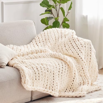 Negwoo Chunky Knit Throw Blanket, 50''*60'' Knitted Throw Chenille Blankets for Bed Couch, Handmade Cream Crochet Blanket Big Thick Blanket, Machine Washable Cute Comfy Blanket for Home Decor