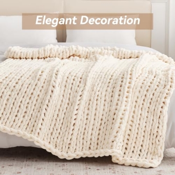 Negwoo Chunky Knit Throw Blanket, 50''*60'' Knitted Throw Chenille Blankets for Bed Couch, Handmade Cream Crochet Blanket Big Thick Blanket, Machine Washable Cute Comfy Blanket for Home Decor
