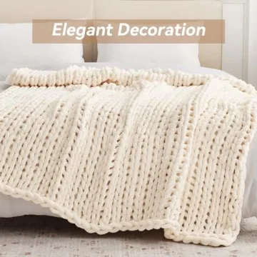 Negwoo Chunky Knit Throw Blanket, 50''*60'' Knitted Throw Chenille Blankets for Bed Couch, Handmade Cream Crochet Blanket Big Thick Blanket, Machine Washable Cute Comfy Blanket for Home Decor