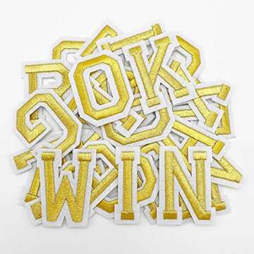 Jongdari Iron on Letters, 52 Pcs Alphabet Patches with Ironed Adhesive, Decorate Repair Patches for Shirts Jackets Hats Jeans Shoes Bags(Gold)