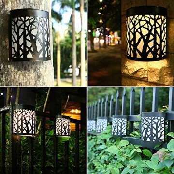 DenicMic Solar Wall Lights Outdoor Wall Sconce Fence Lighting for Patio Front Door Yard Deck Stair Led Forest Decorative Lamps, Waterproof, Warm White/Color Changing (2 Pack)