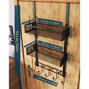 Consumest Over The Door Hooks Organizer - Extra Long Door Hanger with 9 Coat Hooks & 2 Mesh Basket, Back Storage Organizer Hanging Towels for Bathroom, Bedroom, Black (for 1.76 in Doors)