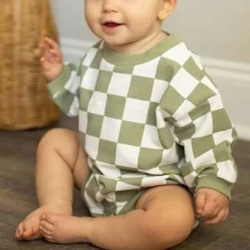 Dewadbow Checkered Baby Clothes Newborn Boys Girls Sweatshirt Bubble Romper Checkerboard Long Sleeve Sweater Bodysuit Outfit (Green, 0-6 Months)