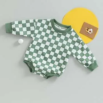 Dewadbow Checkered Baby Clothes Newborn Boys Girls Sweatshirt Bubble Romper Checkerboard Long Sleeve Sweater Bodysuit Outfit (Green, 0-6 Months)