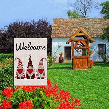 Welcome Valentines Day Garden Flag Double Sided Buffalo Plaid Gnome Love Heart Garden Flag, Valentine's Day Holiday Anniversary Wedding Yard Outdoor Decoration 12.5 x 18 Inch