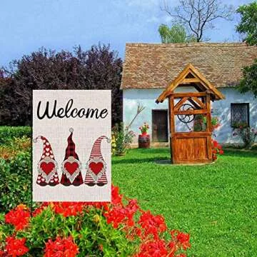 Welcome Valentines Day Garden Flag Double Sided Buffalo Plaid Gnome Love Heart Garden Flag, Valentine's Day Holiday Anniversary Wedding Yard Outdoor Decoration 12.5 x 18 Inch
