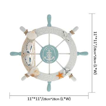 Rienar Nautical Beach Wooden Boat Ship Steering Wheel Fishing Net Shell Home Wall Decor White - Fish